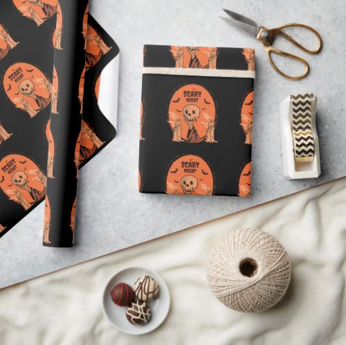 Scary Night Halloween Skull & Bat Design Wrapping Paper