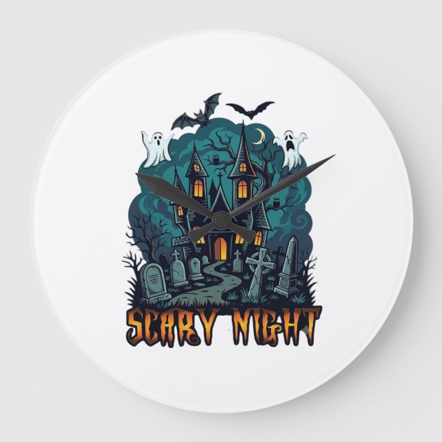 Scary Night Haunted House Ghosts Cemetery Large Clock (Front)