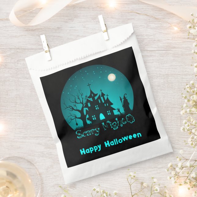 Scary Night Haunted House Green Happy Halloween Favor Bag (Clipped)