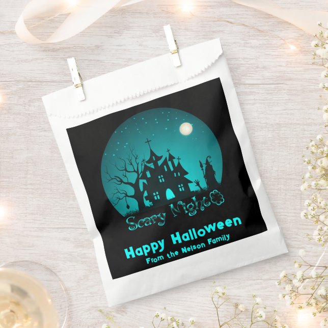 Scary Night Haunted House Green Happy Halloween Favor Bag (Clipped)