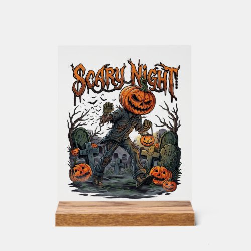 Scary Night Pumpkin Head Monster Lantern Graveyard Acrylic Sign
