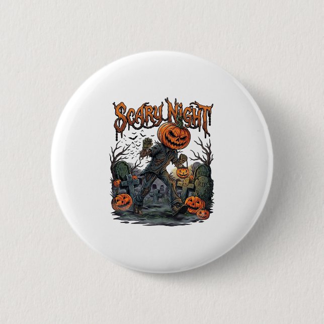 Scary Night Pumpkin Head Monster Lantern Graveyard Button (Front)
