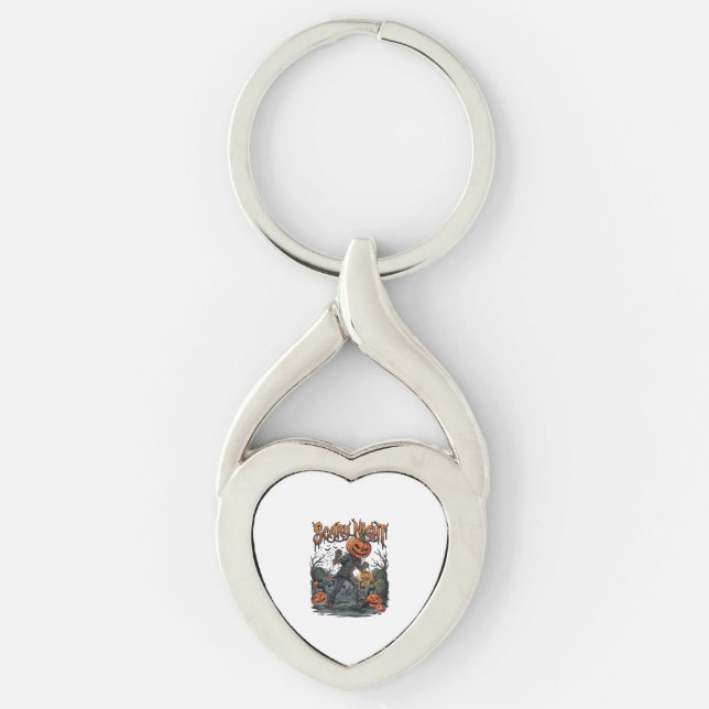 Scary Night Pumpkin Head Monster Lantern Graveyard Keychain (Front)