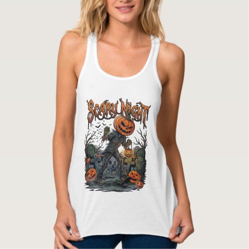 Scary Night Pumpkin Head Monster Lantern Graveyard Tank Top