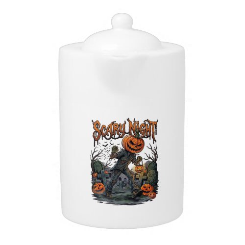 Scary Night Pumpkin Head Monster Lantern Graveyard Teapot