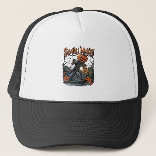 Scary Night Pumpkin Head Monster Lantern Graveyard Trucker Hat