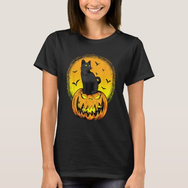 Scary Nightcat Black Cat With Yellow Eyes Pumpkin  T-Shirt (Front)