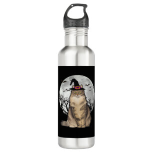 Scary Norwegian Forest Cat Witch Hat Halloween Stainless Steel Water Bottle