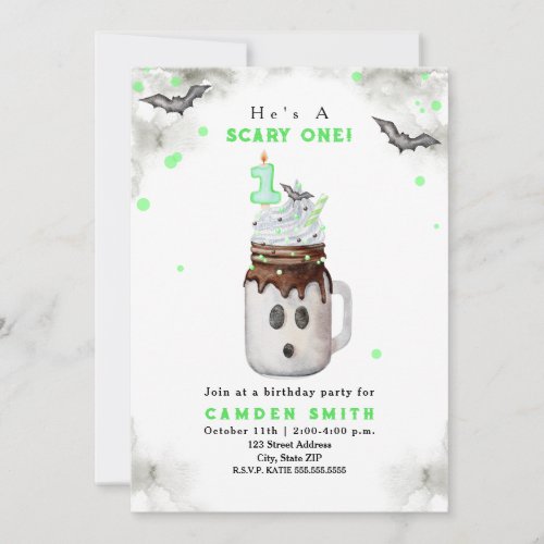 Scary One Green Ghost Milkshake 1st Birthday Invitation