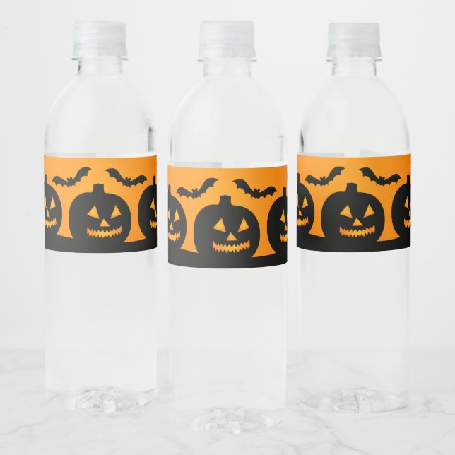 Scary Orange Halloween Evil Black Pumpkin Water Bottle Label (Bottles)