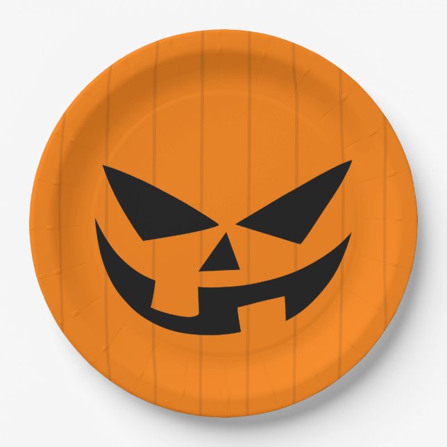 Scary Orange Jack O'Lantern Halloween Party Paper Plates (Front)