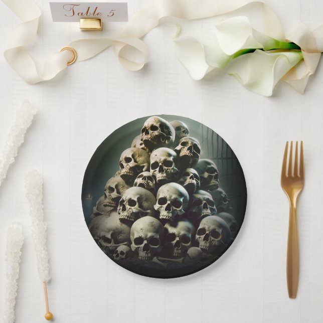 Scary Pile of Screaming Skulls Halloween Party Paper Plates (Wedding)