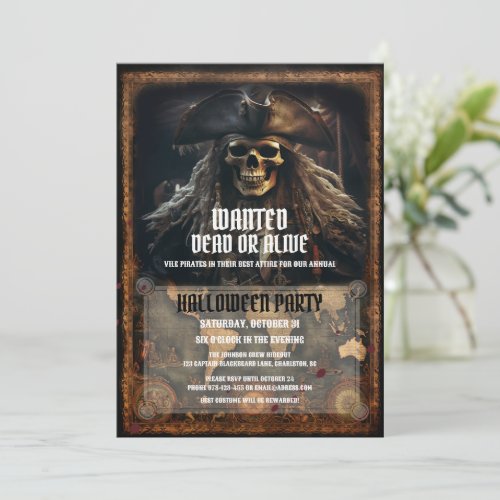 Scary Pirate Skull Black Halloween Party Invitation