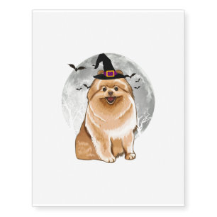 Scary Pomeranian Dog Witch Hat Halloween Temporary Tattoos