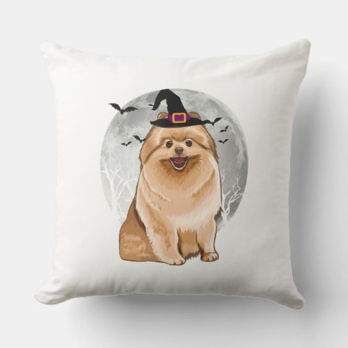 Scary Pomeranian Dog Witch Hat Halloween Throw Pillow