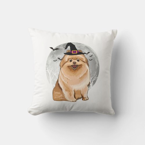 Scary Pomeranian Dog Witch Hat Halloween Throw Pillow