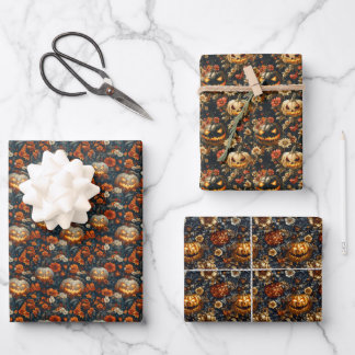 Scary pumpkin and flowers field wrapping paper sheets