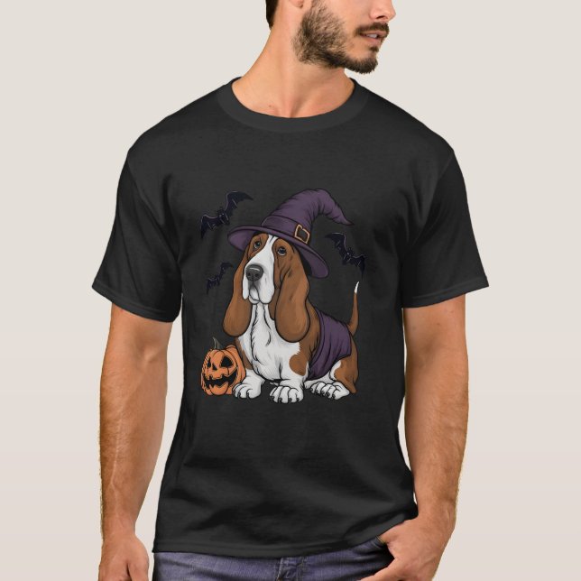 Scary Pumpkin Bat Funny Witch Hat Basset Hound Dog T-Shirt (Front)