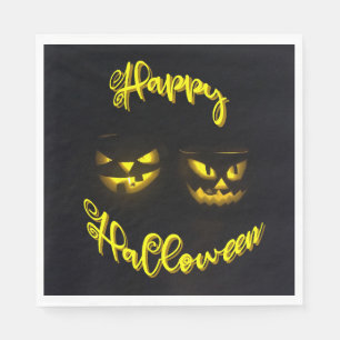 Scary pumpkin face with yellow Happy Halloween Napkins
