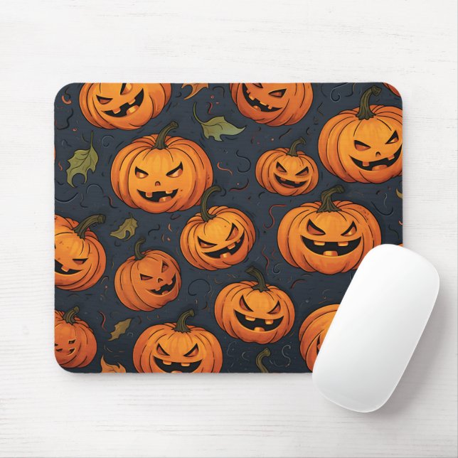 Scary Pumpkin Faces Orange Spooky Halloween Mouse Pad (With Mouse)