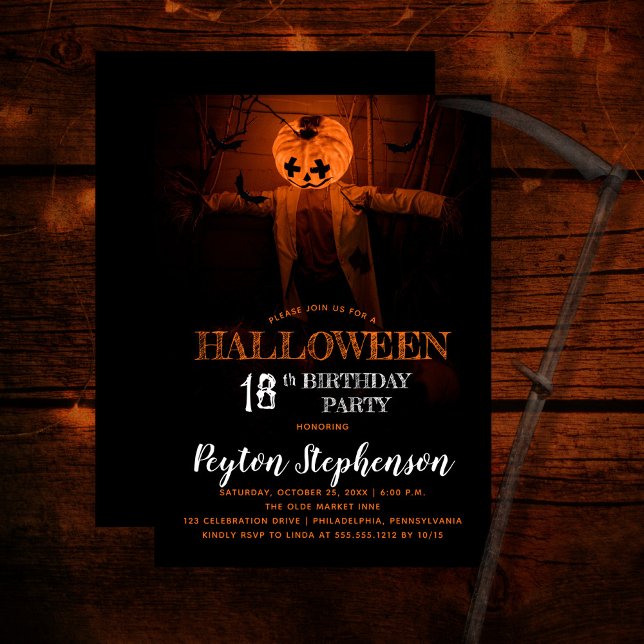 Scary Pumpkin Halloween 18th Birthday Party  Invitation (Creepy barn scene pumpkin scarecrow Halloween 18th Birthday Party Invitation)