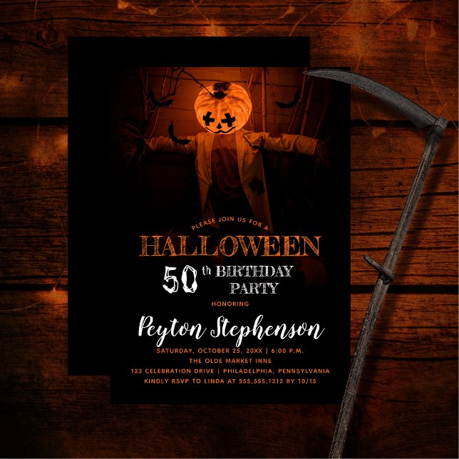 Scary Pumpkin Halloween 50th Birthday Party Invitation (Creepy barn scene pumpkin scarecrow adult Halloween 50th Birthday Party Invitation)