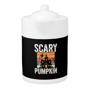 Scary Pumpkin Haunted House Halloween Design_1 Teapot