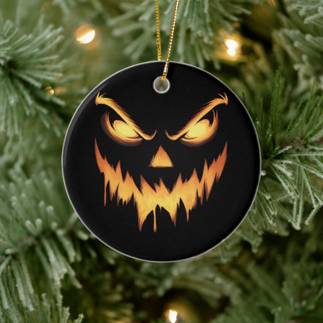 Scary Pumpkin Jack O Lantern Face Halloween Ceramic Ornament (Tree)
