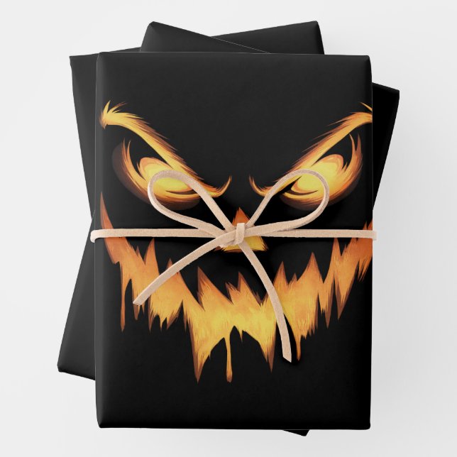 Scary Pumpkin Jack O Lantern Face Halloween Wrapping Paper Sheets (In situ)