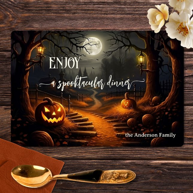 Scary Pumpkin Night Halloween Placemat (Halloween placemat featuring a scary scene with pumpkins and and a full moon)
