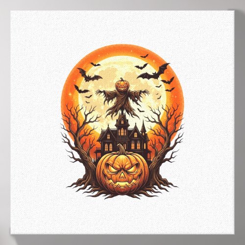 Scary Pumpkin Scarecrow Haunted House Full Moon Ha Canvas Photo Tile