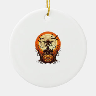 Scary Pumpkin Scarecrow Haunted House Full Moon Ha Ceramic Ornament