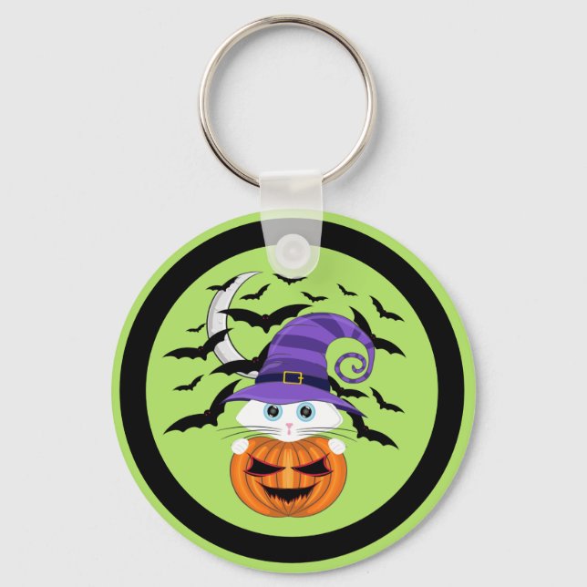 Scary Pumpkin with a White Kitty and Witches Ha Keychain (Front)