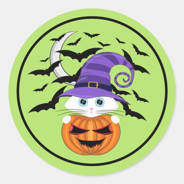 Scary Pumpkin with a White Kitty and Witches Hat Classic Round Sticker (Front)