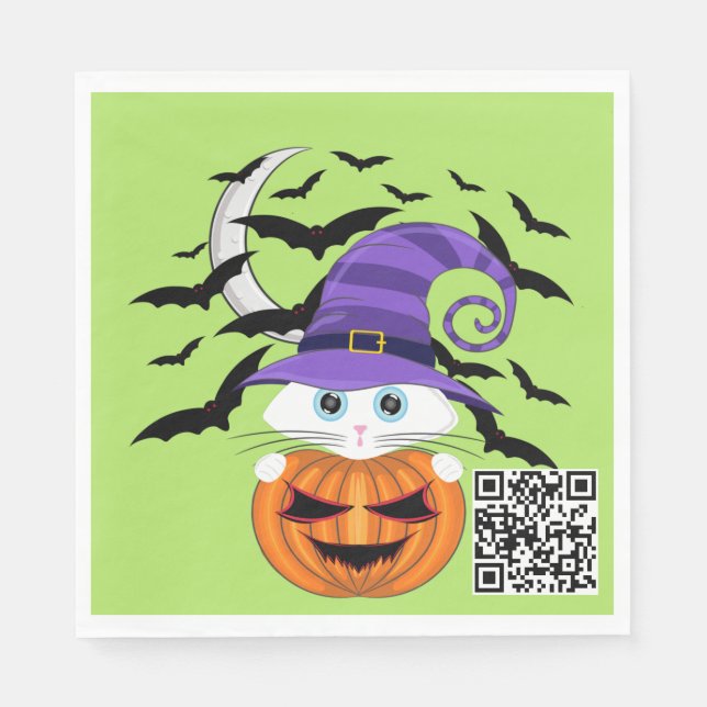 Scary Pumpkin with a White Kitty and Witches Hat  Napkins (Front)
