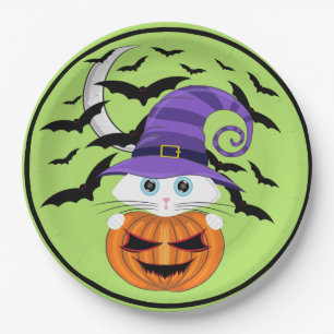 Scary Pumpkin with a White Kitty and Witches Hat Paper Plates