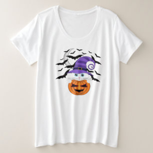 Scary Pumpkin with a White Kitty and Witches Plus Size T-Shirt