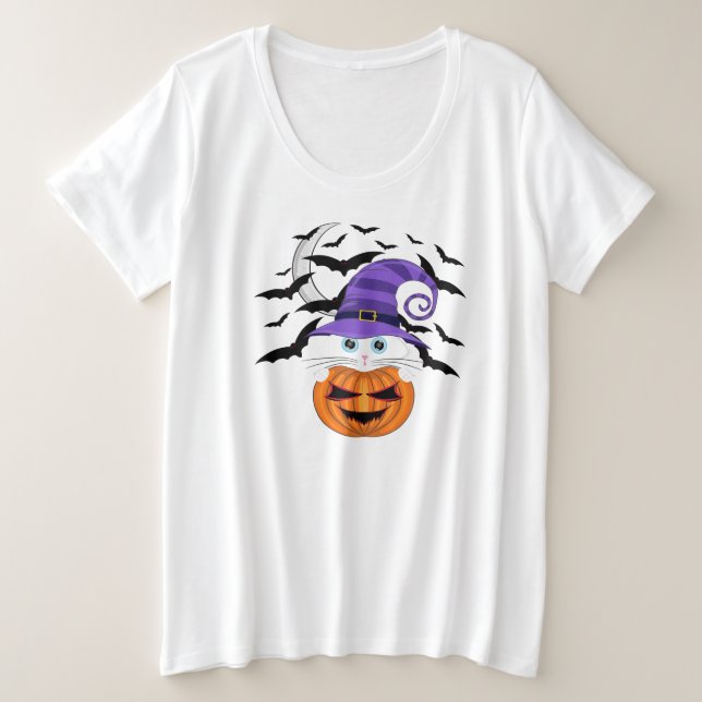 Scary Pumpkin with a White Kitty and Witches  Plus Size T-Shirt (Design Front)