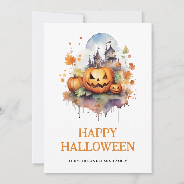 Scary Pumpkins Haunted Mansion Happy Halloween Holiday Card (Front)