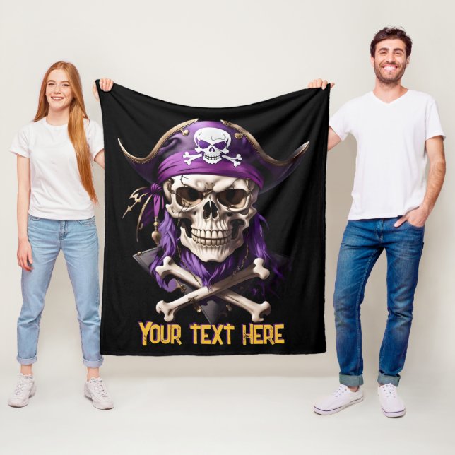 Scary Purple Pirate Skull and Crossbones Fleece Blanket (In Situ)