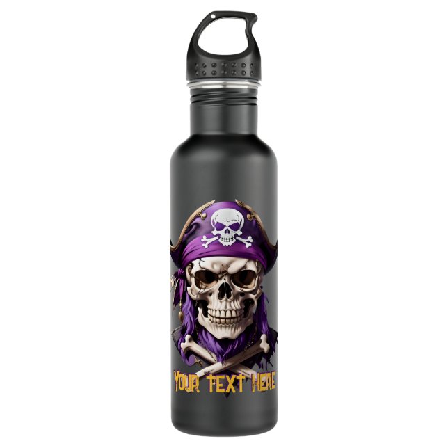 Scary Purple Pirate Skull and Crossbones Stainless Steel Water Bottle (Front)