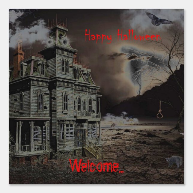 Scary Red & Black Haunted House Happy Halloween  Sign (Front)