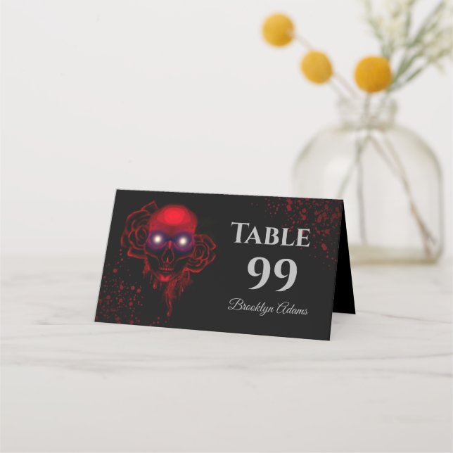 Scary Red floral dark moody gothic skull Halloween Place Card (Front)