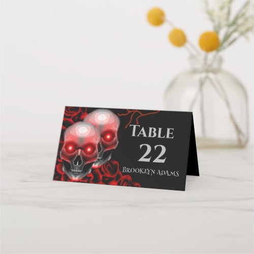 Scary Red floral dark moody gothic skull Halloween Place Card