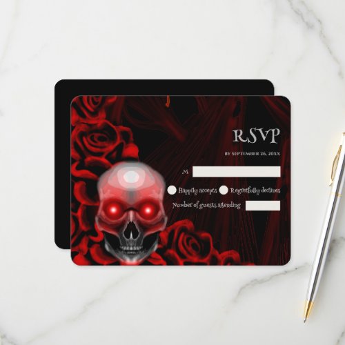 Scary red floral dark moody gothic skull halloween RSVP card