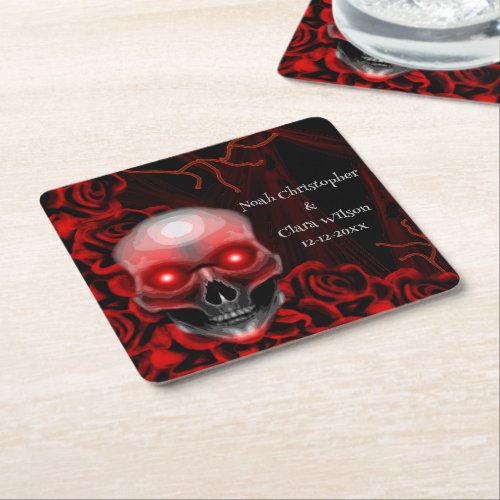 Scary red floral dark moody gothic skull halloween square paper coaster