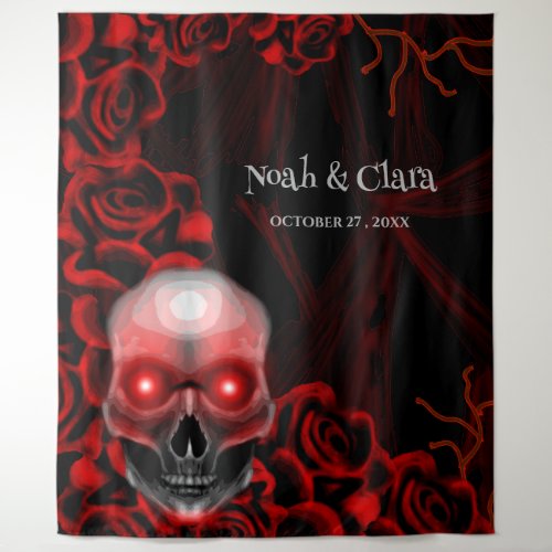 Scary red floral dark moody gothic skull Halloween Tapestry
