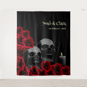 Scary red floral Gothic Skull and Roses Halloween Tapestry