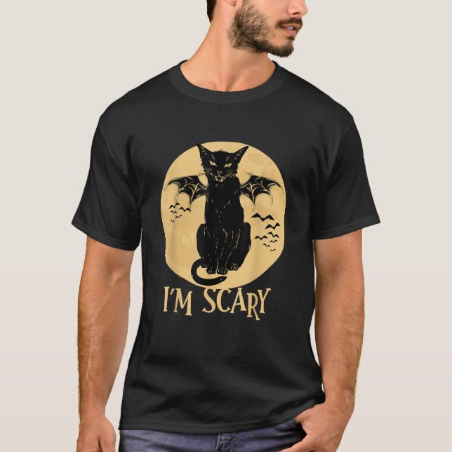 Scary Screaming Black Winged Cat on The Moonlight  T-Shirt (Front)