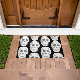 Scary Scull Black & White Pattern Happy Halloween Doormat